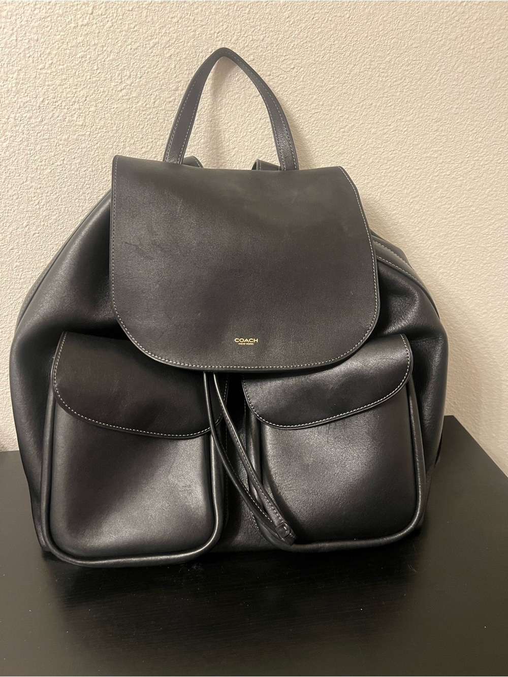 Coach Crosby Black Leather Flap Backpack with Front Pockets